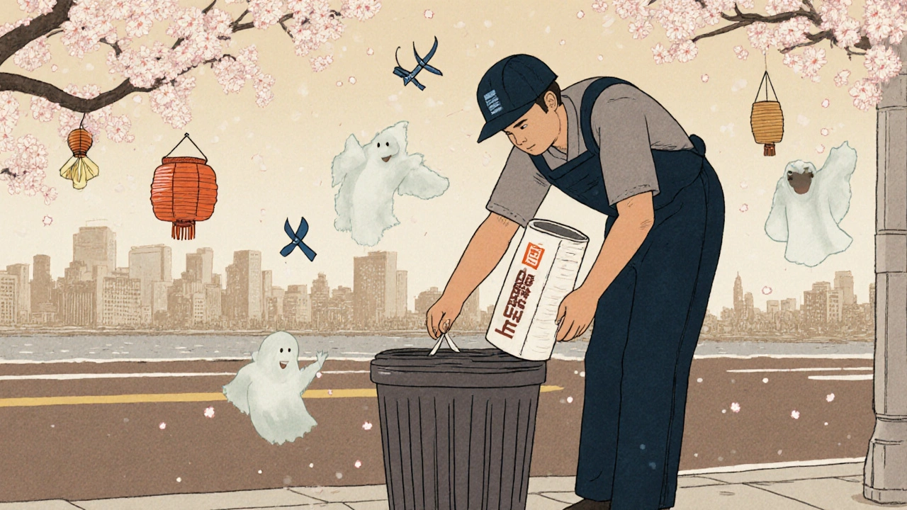 A sanitation worker handles a sealed sharps container with ghostly disease symbols floating nearby.