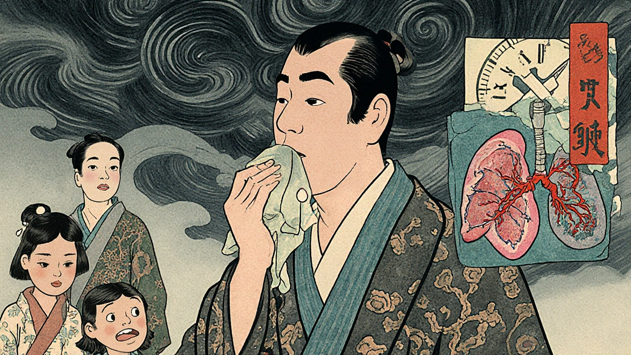 A sick traveler coughing under stormy skies, with glowing droplets spreading and damaged lungs visible behind them.