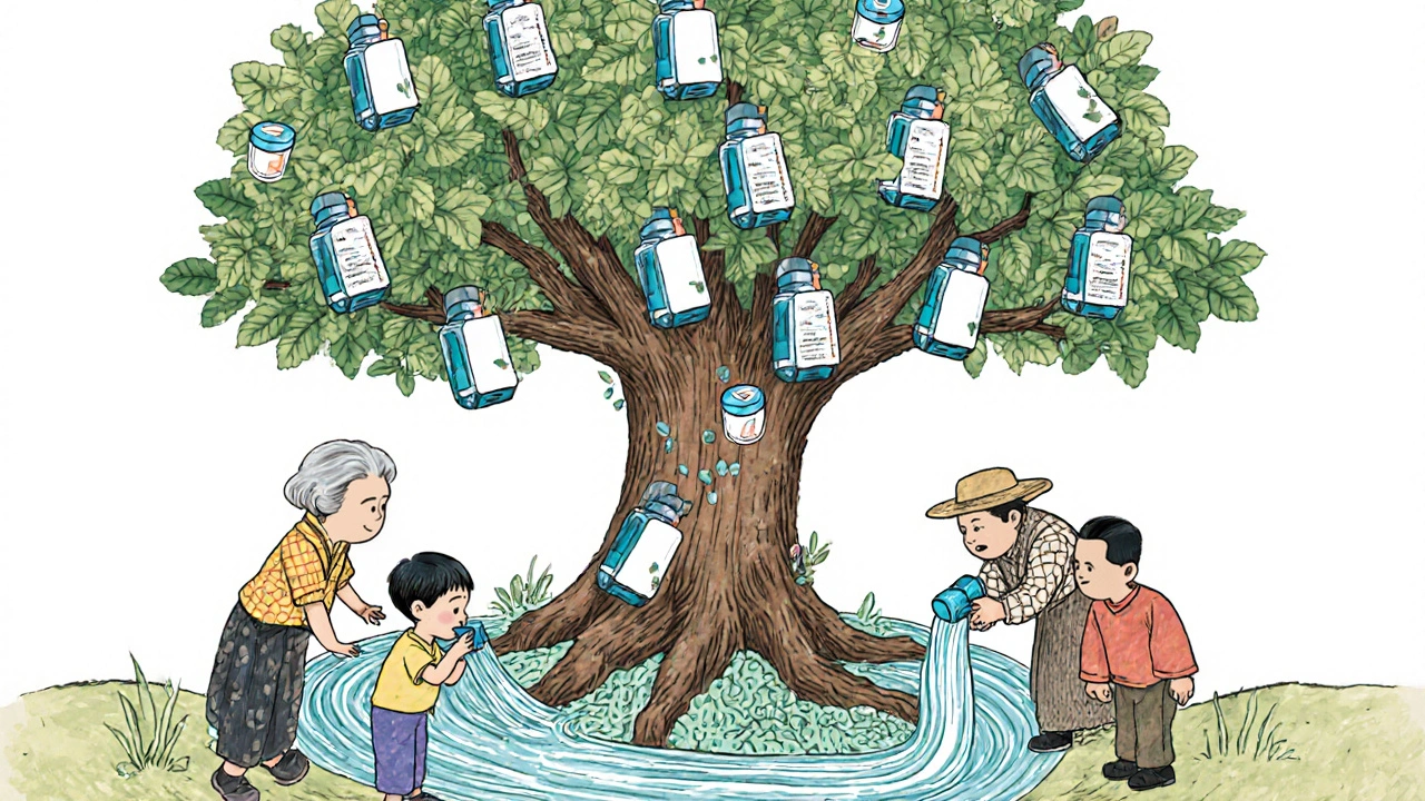 A symbolic tree with inhaler branches and biodegradable roots, surrounded by diverse people receiving treatment.