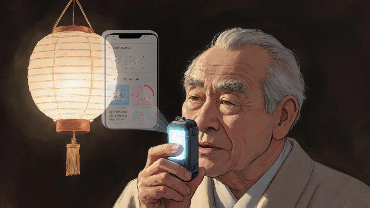 An elderly man using a smart inhaler with a glowing digital interface, illuminated by soft lantern light.