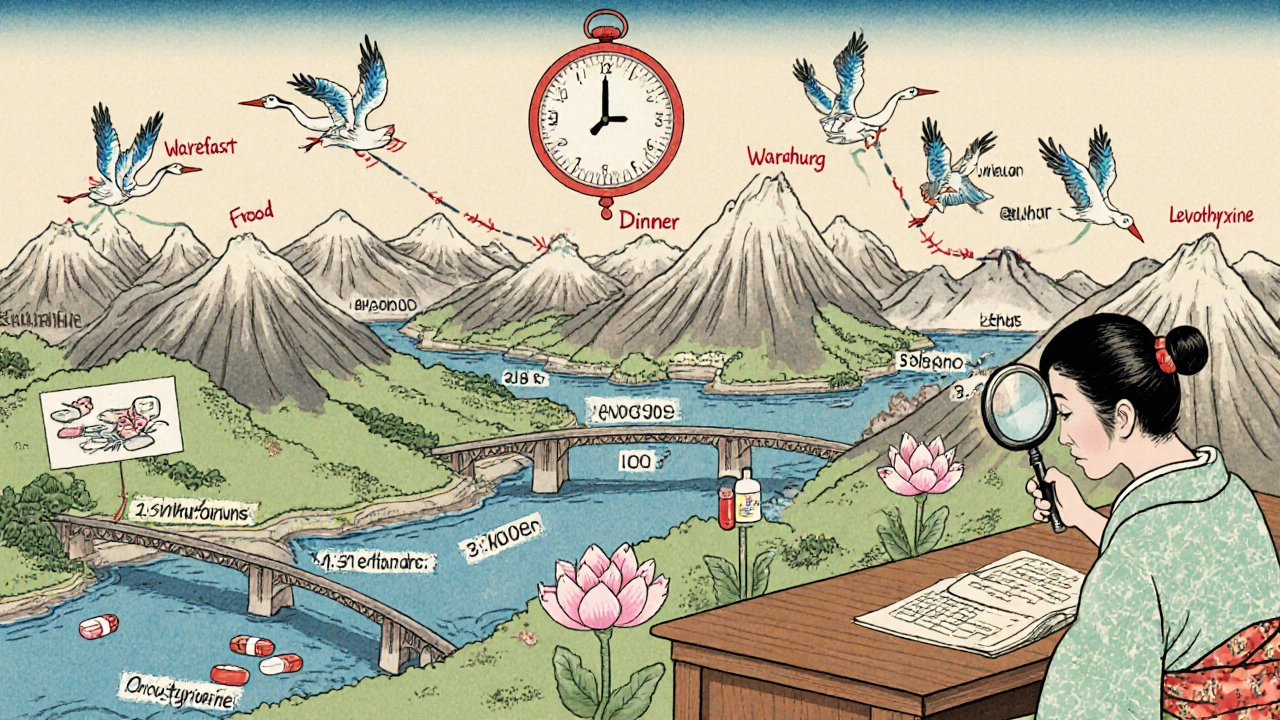 Daily medication schedule visualized as a painted landscape with cranes representing pills and time-based rivers.