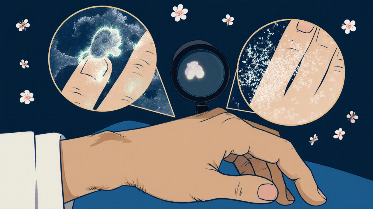 Dermatologist using a magnifying glass to examine nails, with microscopic fungal and psoriasis views floating nearby.