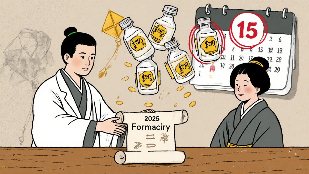 Doctor and pharmacist exchange a formulary scroll with medication bottles floating like kites.