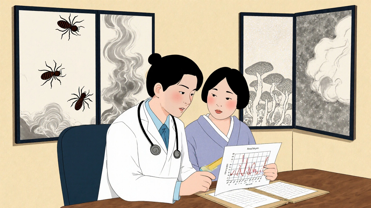 Doctor and pregnant woman reviewing peak flow chart with traditional Japanese elements