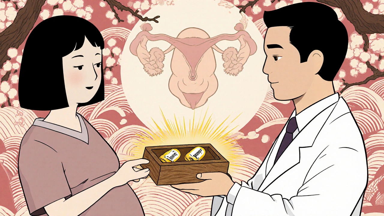 Doctor giving pregnant patient safe blood pressure pills in a wooden box, healthy fetal glow behind them.