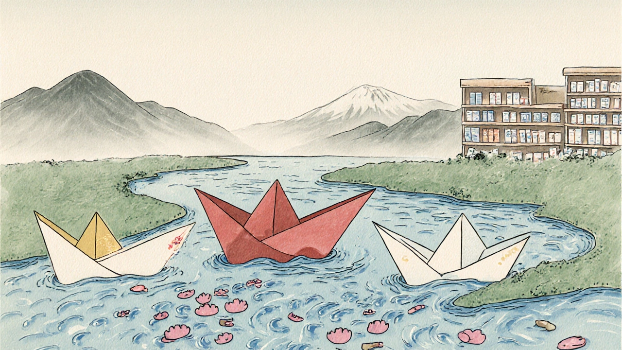 Four mesalamine drugs as paper boats sailing down the GI tract, each releasing unique color patterns in ukiyo-e style.