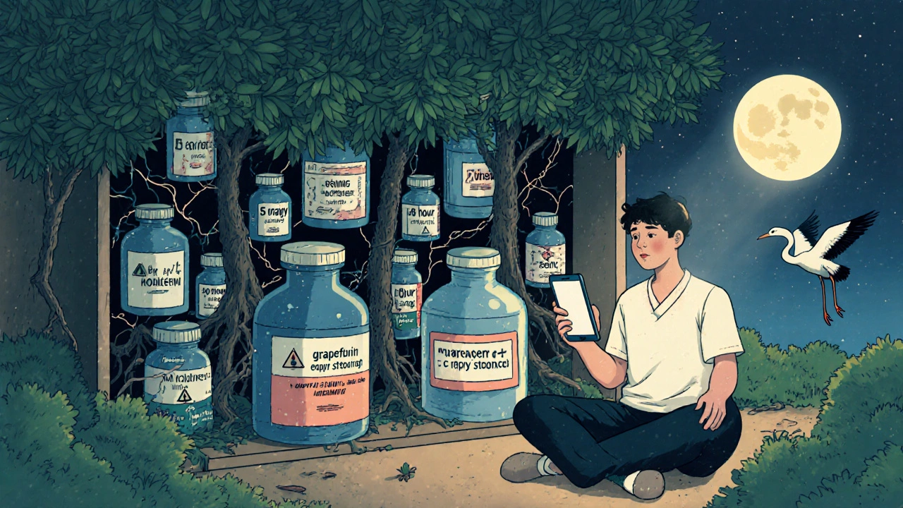 Medicine cabinet becomes a forest of drug trees, connected by glowing lines under moonlight.