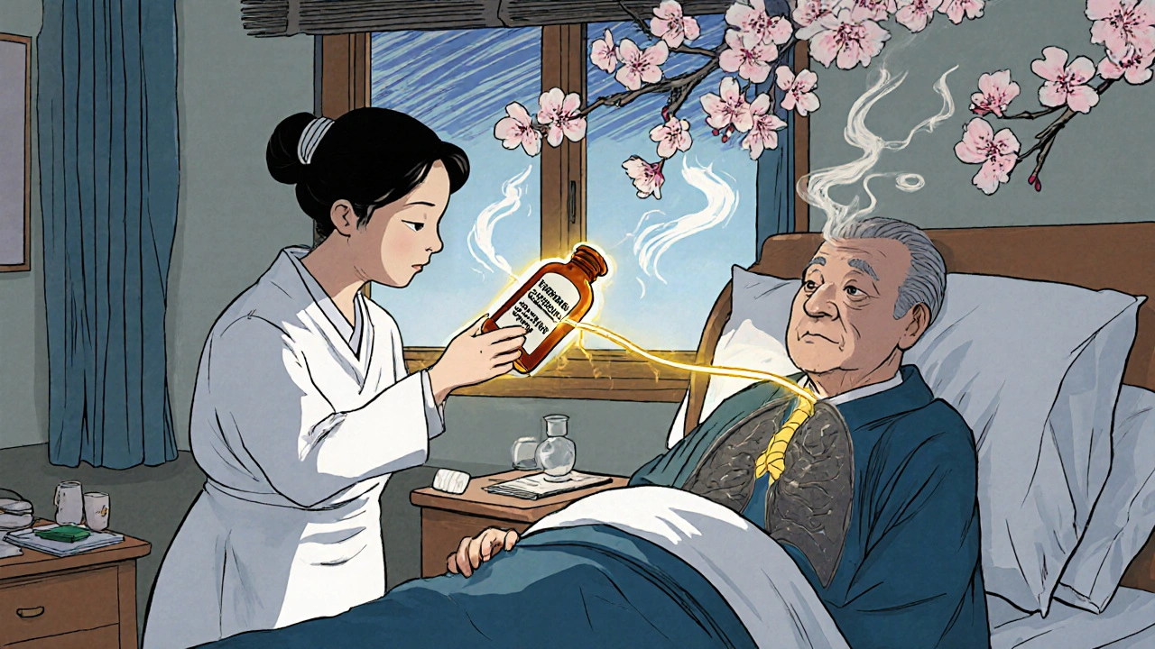 Nurse placing bromhexine beside COPD patient, golden thread dissolving mucus into vapor with cherry blossoms outside.