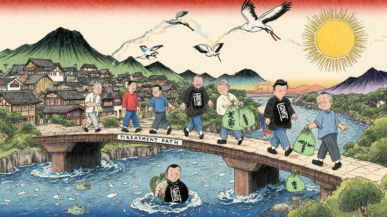 Oncology clinic as ukiyo-e village, patients crossing bridge with different antidepressant pouches.