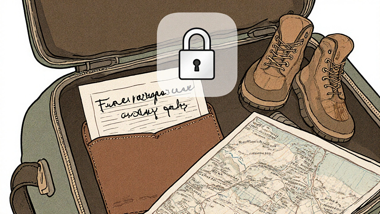 Paper prescription stored safely in leather pouch inside open carry-on bag