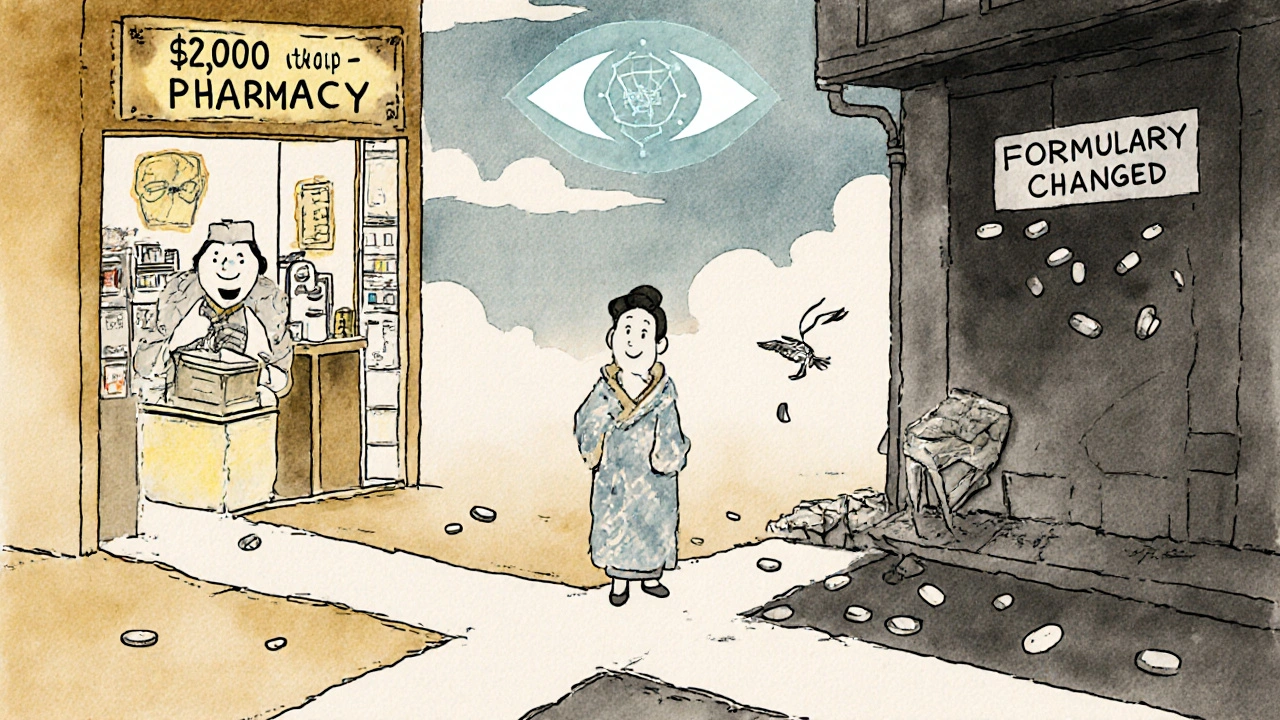 Patient at a crossroads: one path to affordable care, another to a crumbling formulary warning.