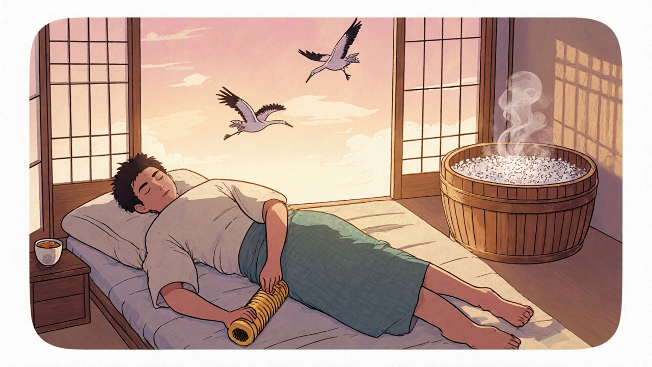 Patient using foam roller at dawn in peaceful bedroom with tea and Epsom salt bath.