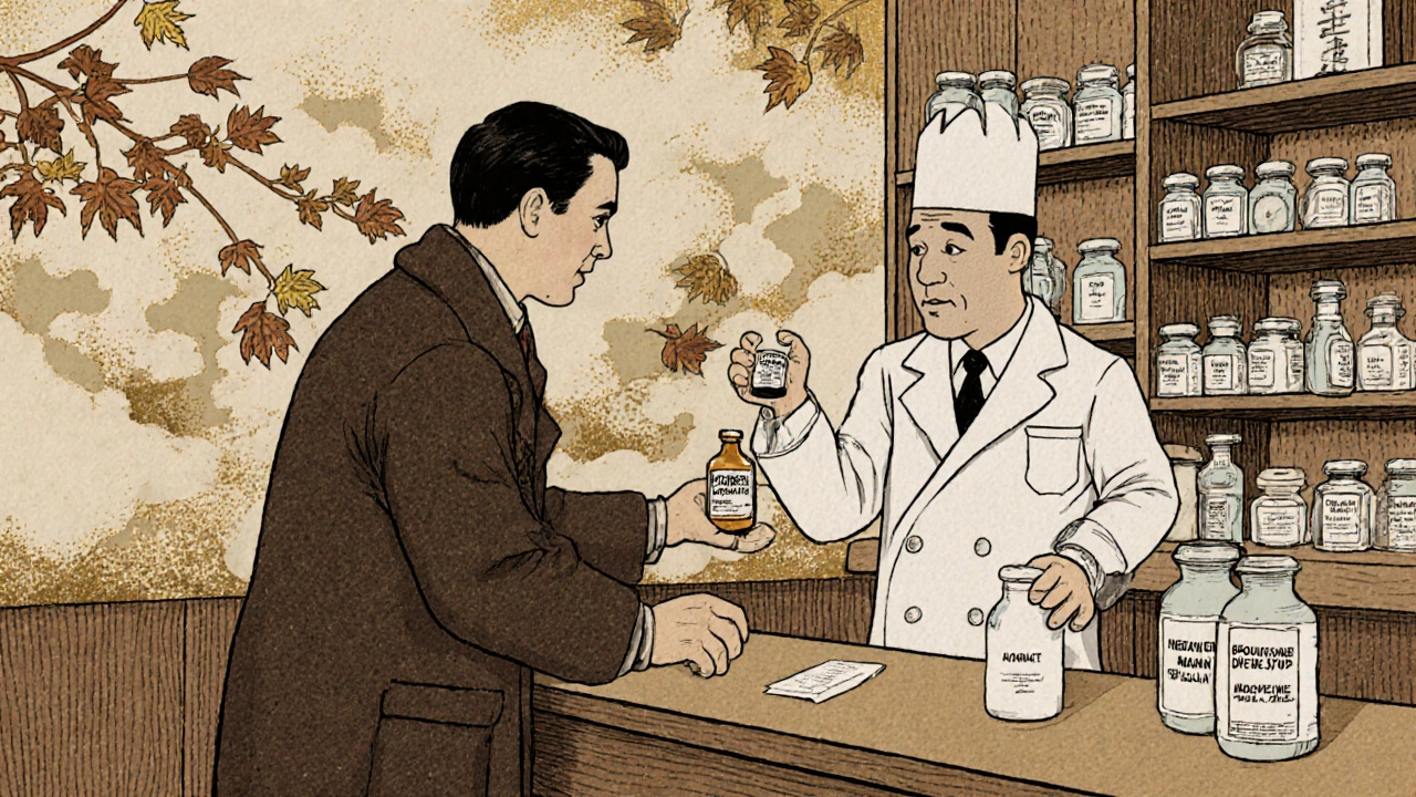 Pharmacist handing bromhexine syrup in a 1960s German pharmacy, cilia sweeping mucus like autumn leaves.