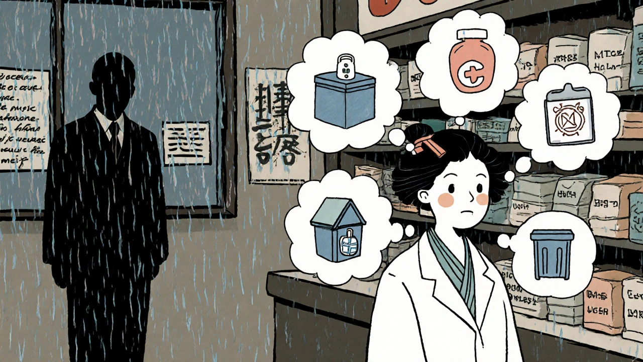 Pharmacist surrounded by floating opioid safety symbols, with a fading rigid script as warm voice emerges in calligraphy.