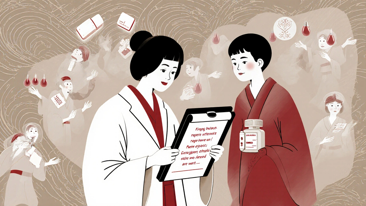 Pharmacist using a tablet to demonstrate teach-back method as medical icons blend with traditional wave patterns.