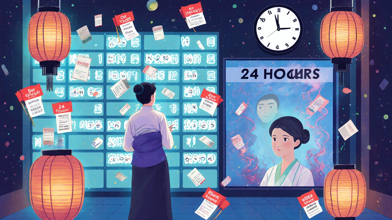 Pharmacist views glowing inventory wall with flagged back-orders, clock ticking, patient&#039;s anxious reflection visible.