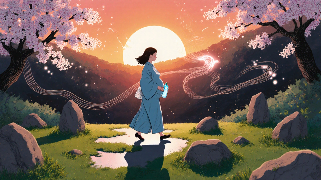 Pregnant woman walking in garden at sunset, water bottle in hand, cherry blossoms falling