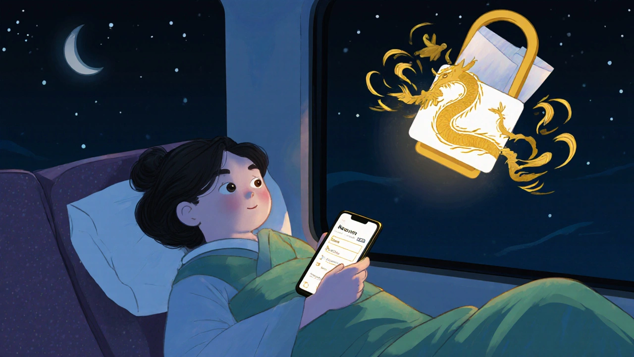 Sleeping traveler with digital prescription glowing above, protected by dragon lock