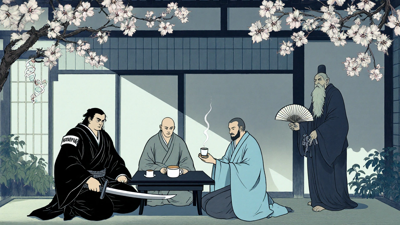 Three medicinal spirits at a tea table: paroxetine samurai, escitalopram monk, sertraline scholar.