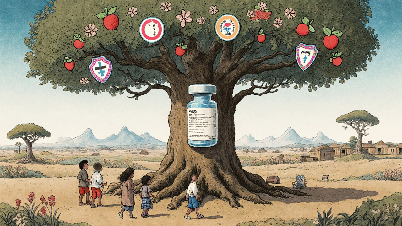 Tree growing from vaccine vial with shield-shaped fruit, people protected beneath.