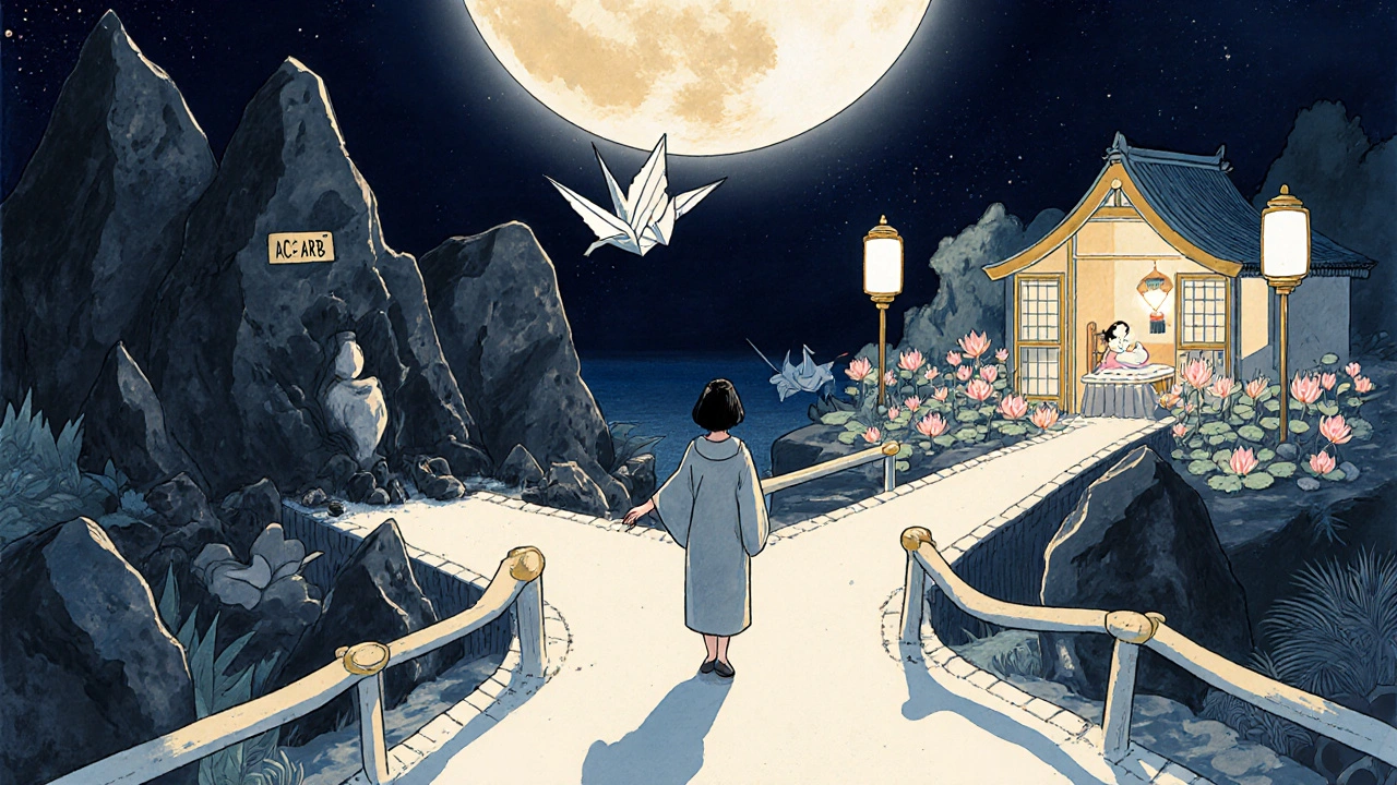 Woman at crossroads choosing safe path to healthy baby, dangerous path with crumbling fetus, moonlit bridge.