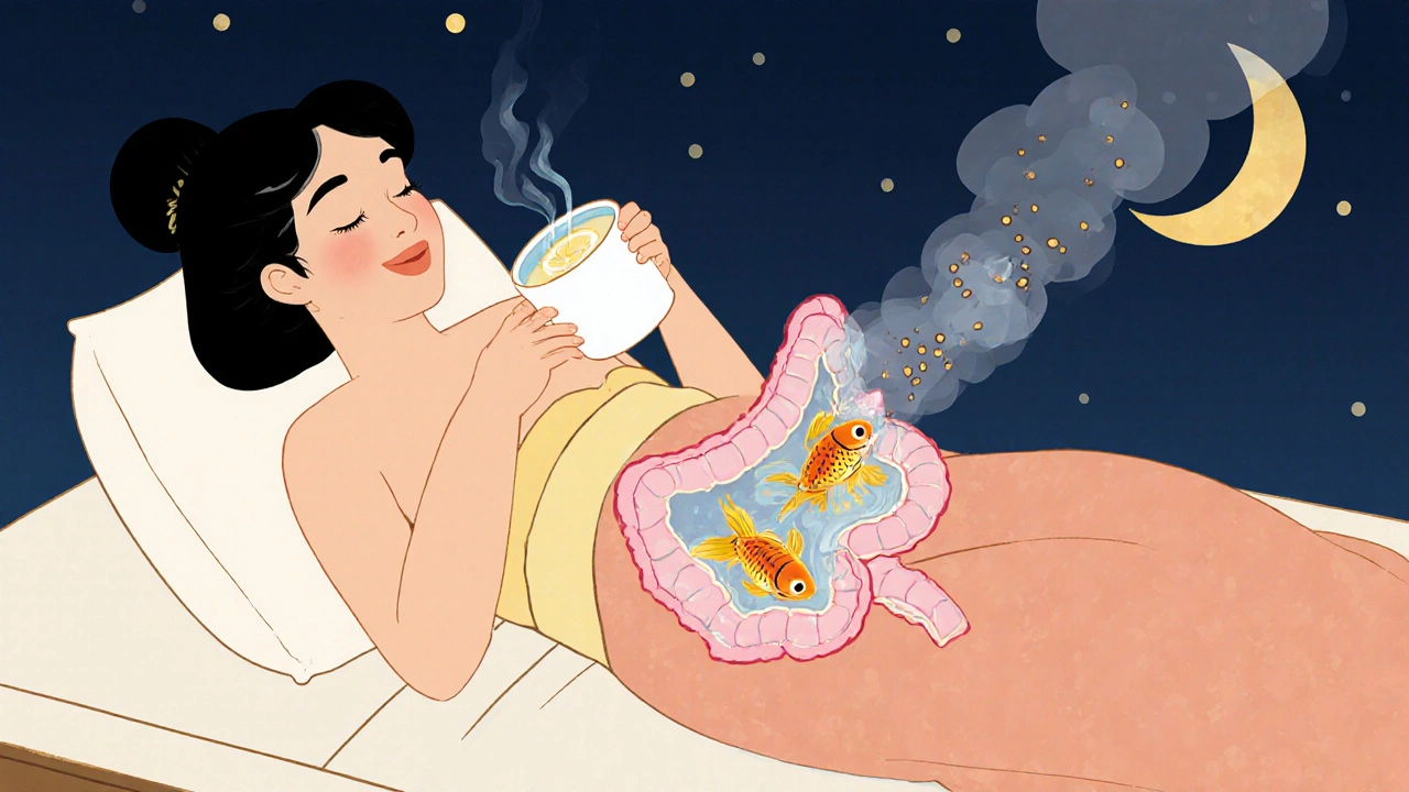 Woman drinking lemon water at night, digestive spirits floating gently in ukiyo-e style