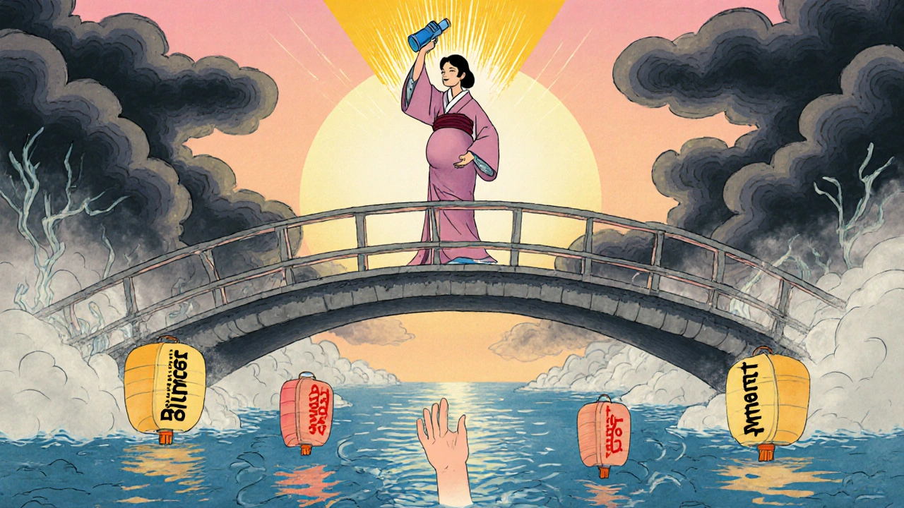 Woman holding inhaler as light bursts forth, safe medications as lanterns on river