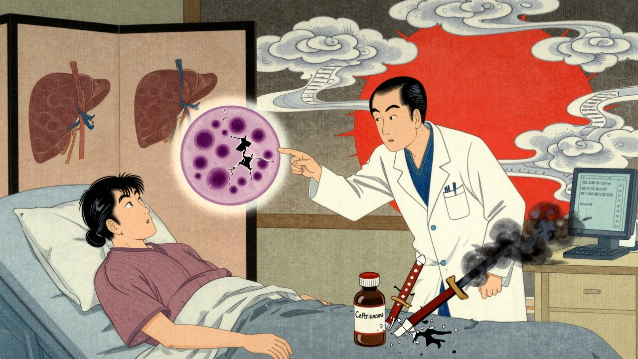 A doctor points at a blood smear with spherocytes and Heinz bodies, while a medication bottle releases samurai swords shaped like smoke in a hospital setting.