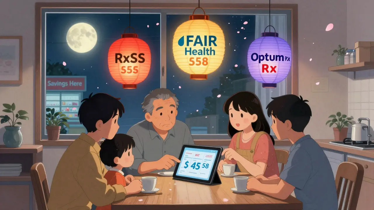 A family reviews drug savings on a tablet, with floating price tools depicted as glowing paper lanterns.