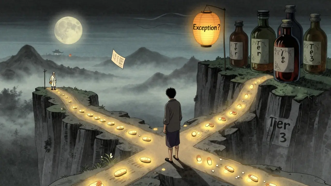 A patient at a crossroads between affordable and expensive drug tiers, with a glowing path and ominous cliff under a moonlit sky.