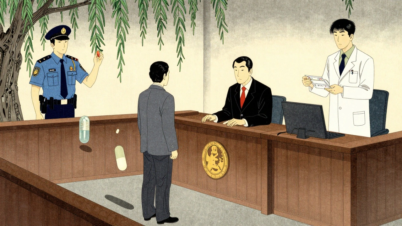 A patient in court surrounded by floating opioid pills, with sobriety test and prescription scenes in background.