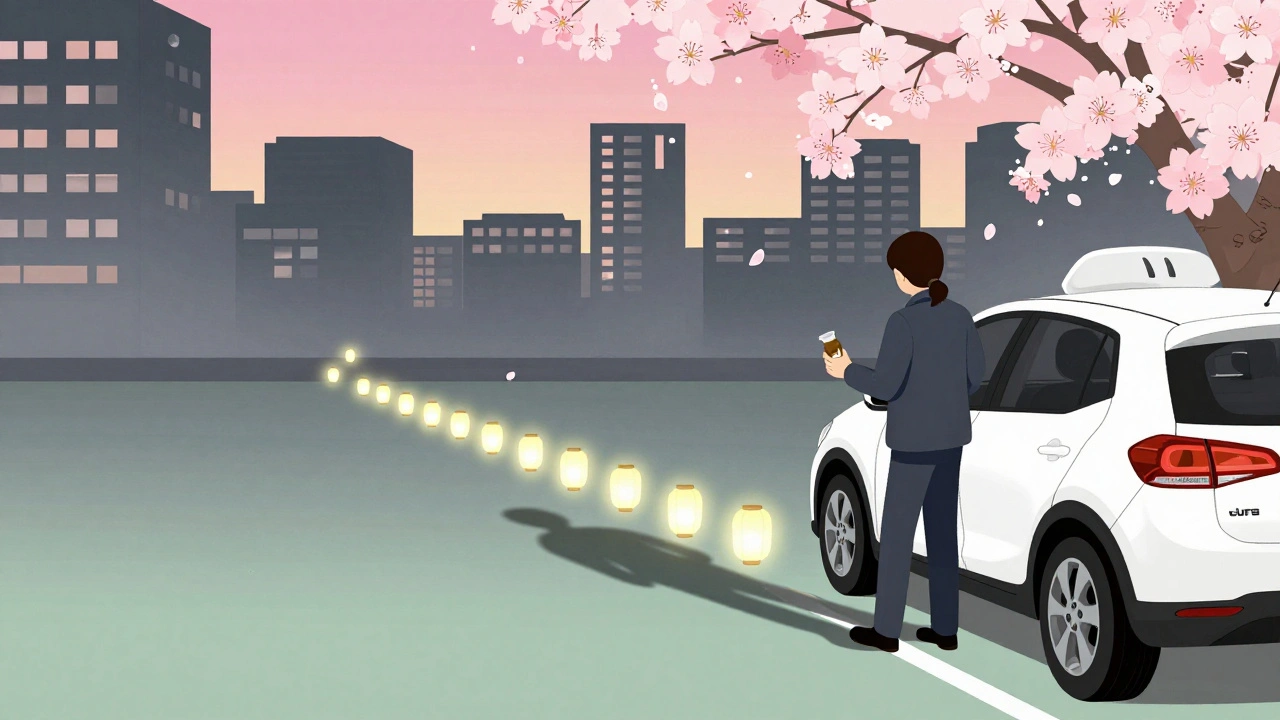 A person choosing rideshare over driving, their shadow becoming a path of lanterns as cherry blossoms fall.