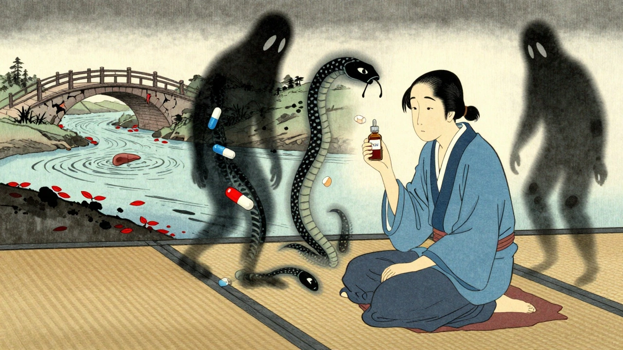 A person holding CBD oil as ghostly prescription drugs swell around them, with a river of red leaves symbolizing bleeding risk.