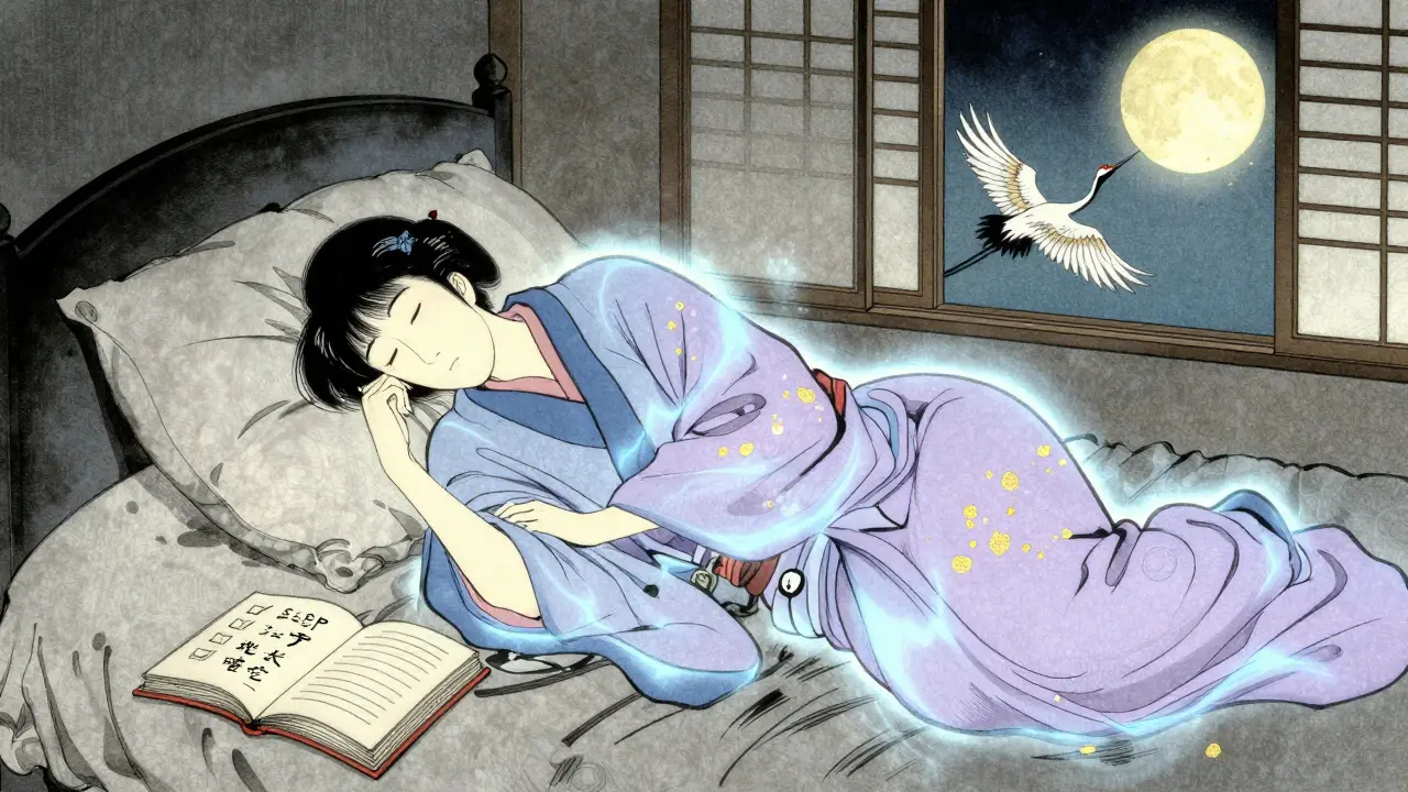 A person sleeping peacefully with calming energy aura, journal nearby, symbolizing rest as medicine.