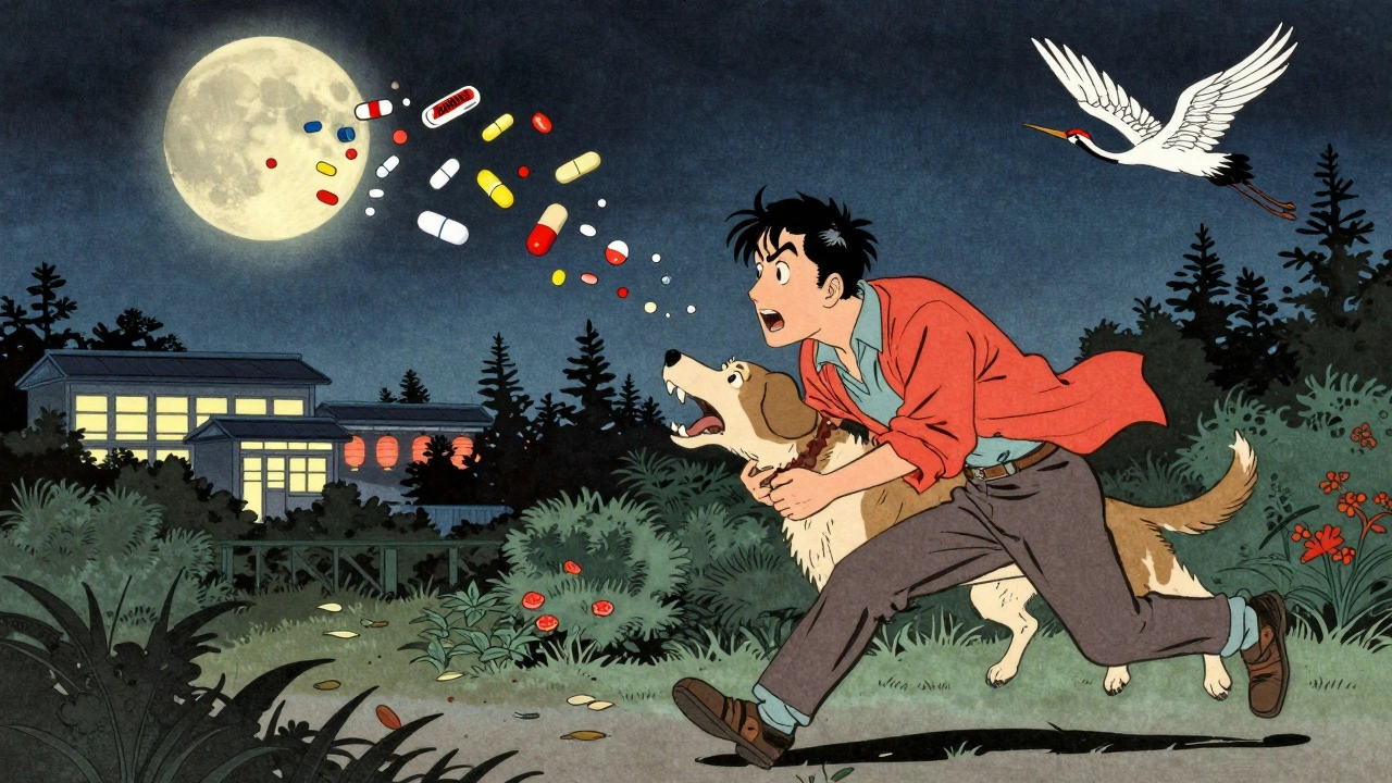 A pet owner runs through a garden with a sick dog as pills drift like falling leaves.