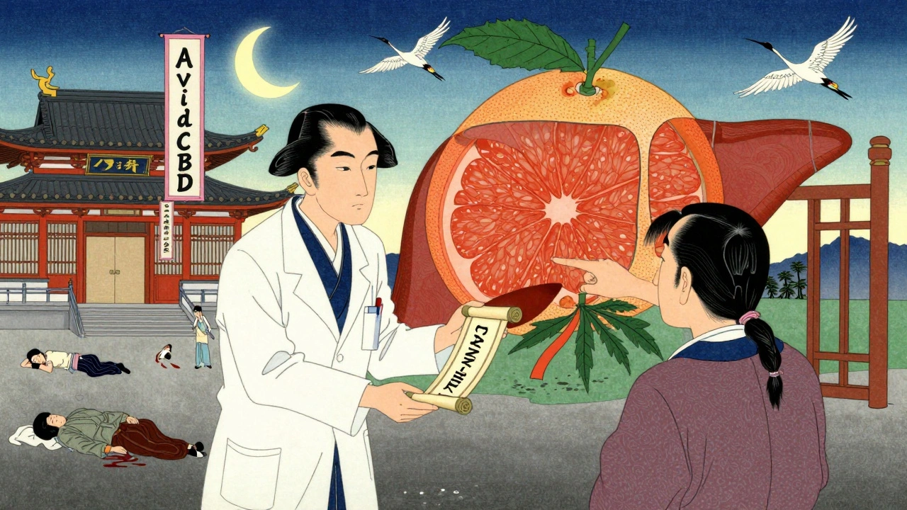 A pharmacist offers a scroll warning about CBD and grapefruit, with collapsing patients in the background under calligraphic banners.