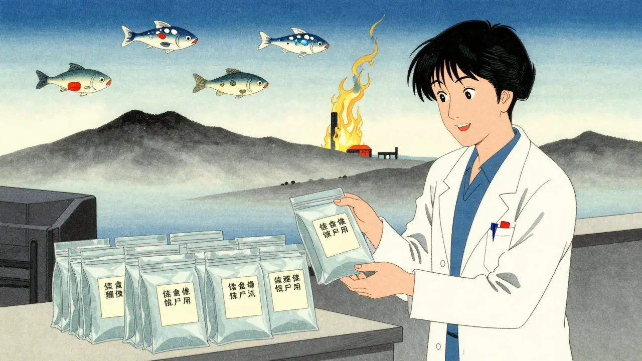 A pharmacy drop-off with labeled meds and a stylized incineration scene, fish and birds made of drug symbols.