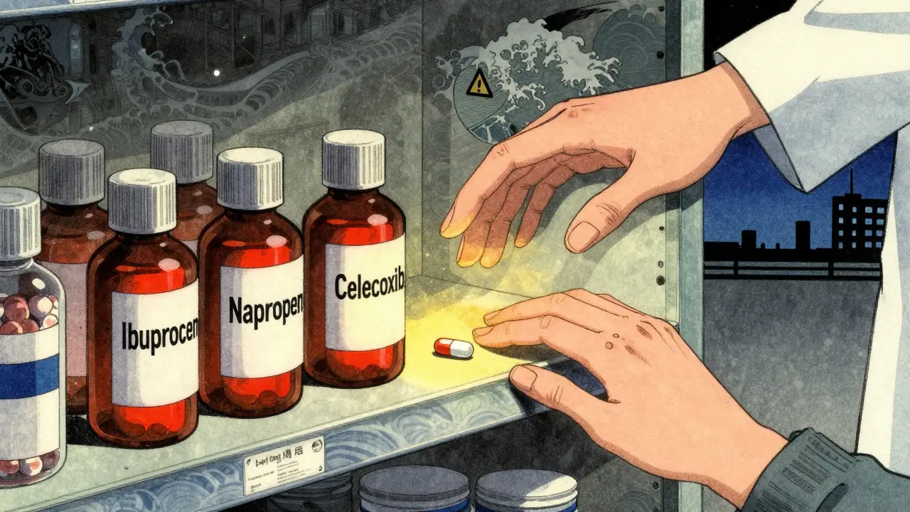A pharmacy shelf with dangerous pills glowing red, a hand reaching for them as a doctor stops the motion, Ukiyo-e inspired.