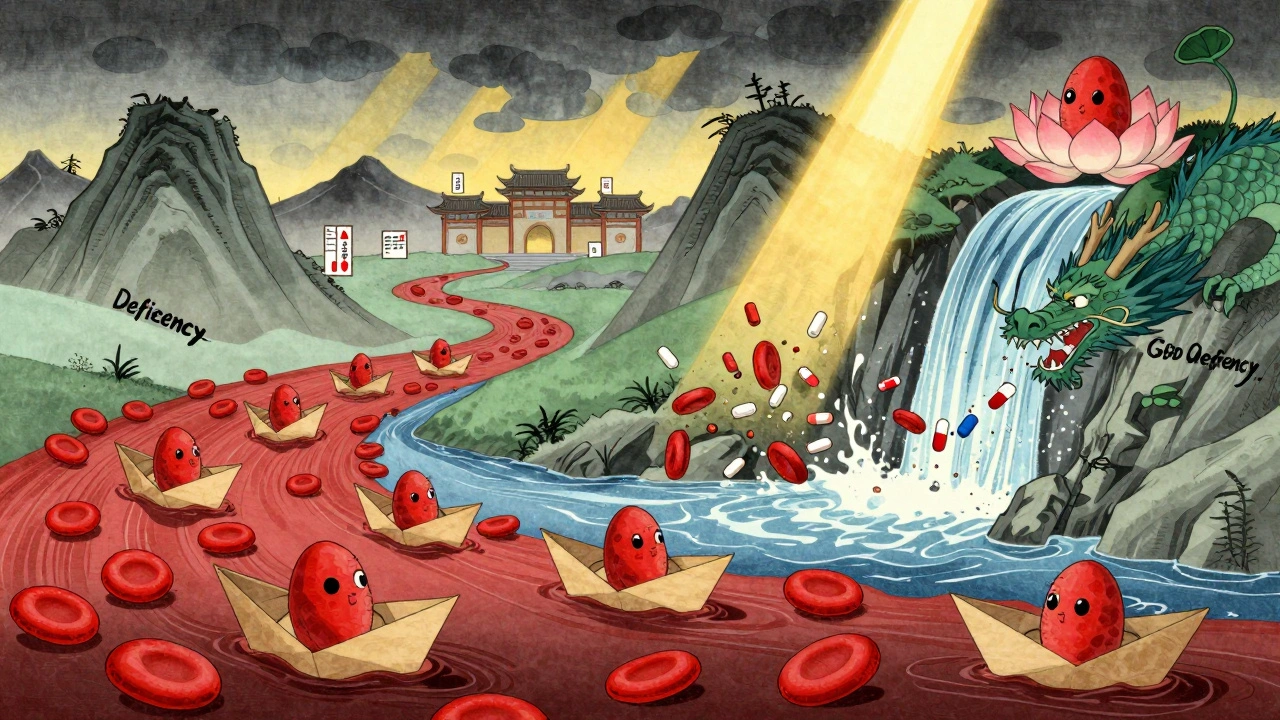 A river of blood flows through mountains, with healthy cells sailing safely but others shattered by a dragon breathing toxic pills near a G6PD waterfall.