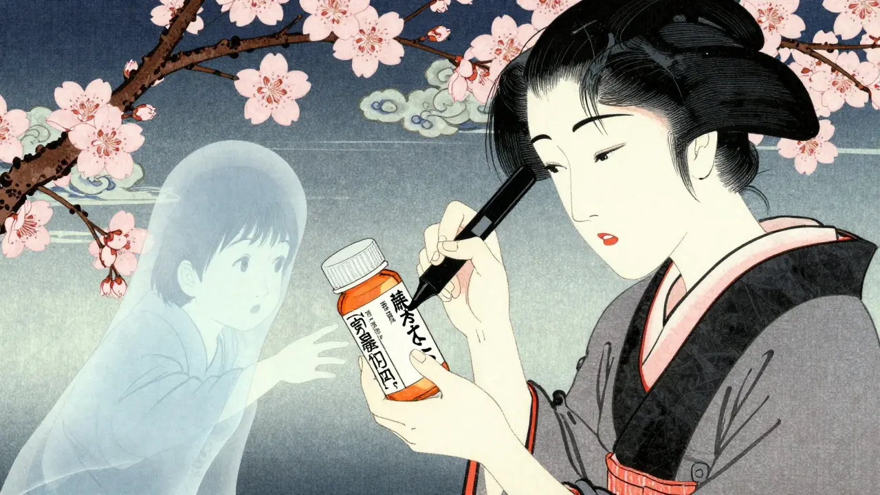 A woman marking out personal info on a medicine bottle, with a child's ghostly hand reaching toward it.