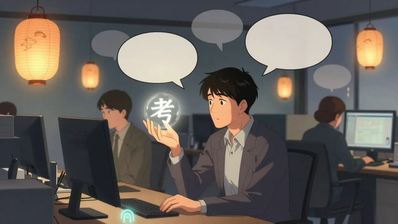 An adult in a noisy office holding a glowing symbol of understanding, while voices dissolve into misty lanterns.