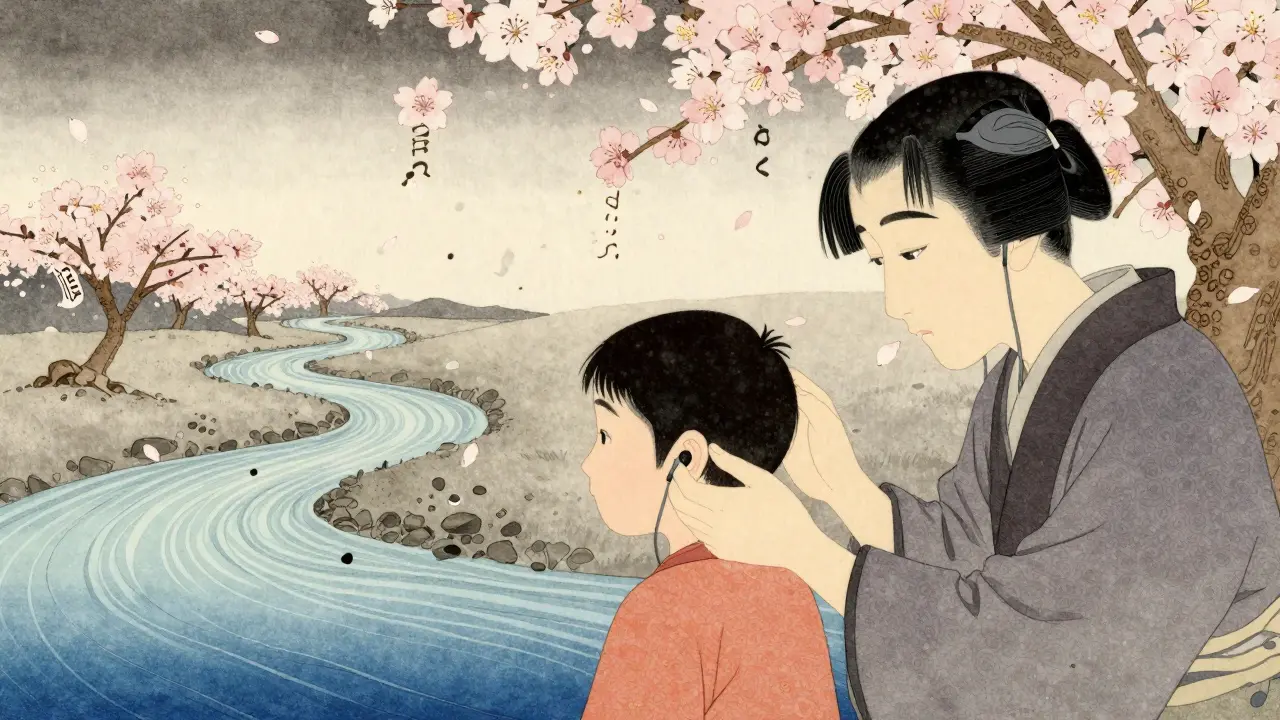 An audiologist helping a child while surreal sound rivers flow behind them, with distorted words as cherry blossoms.
