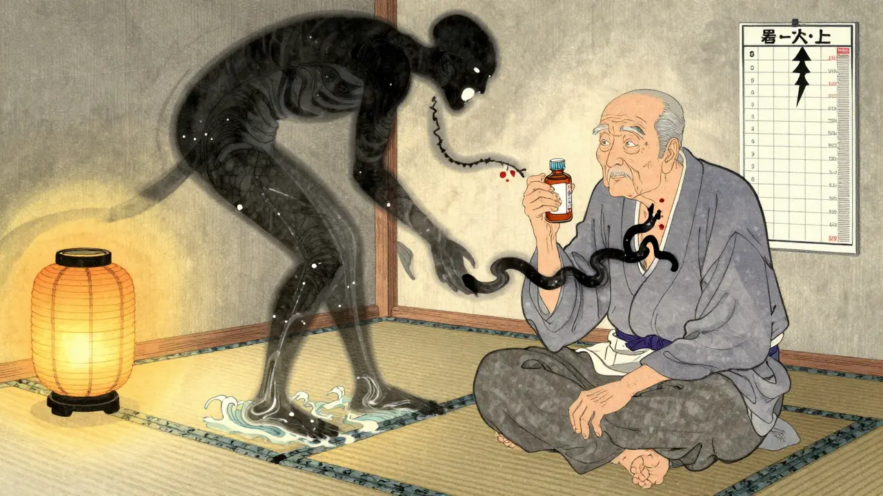 An elderly person with fluid shadows rising from their body, constrained by dark waves, in traditional Japanese artistic style.