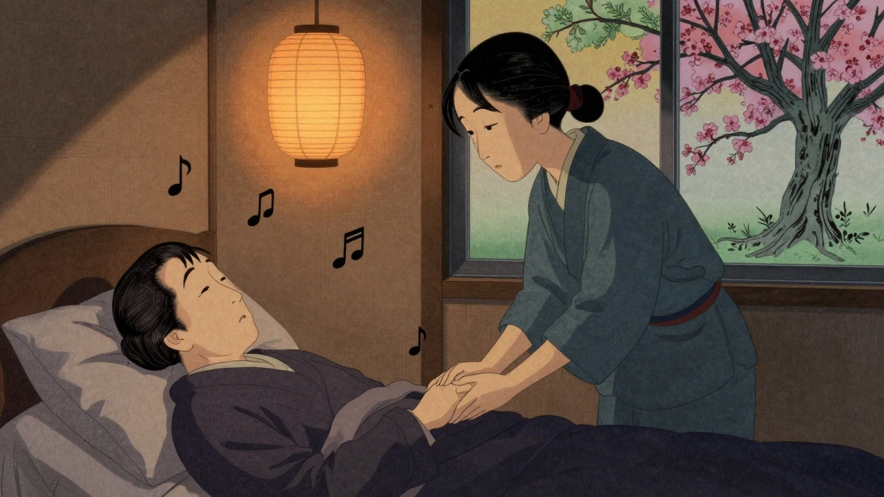 Caregiver holding hand of bedridden loved one, surrounded by glowing musical notes and changing seasons.