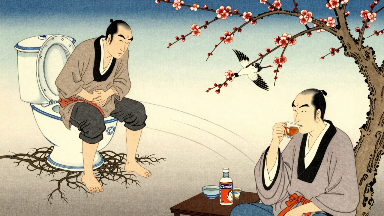 Contrasting scenes: man with constipation vs. man with Claritin, blooming plum tree, ukiyo-e illustration.