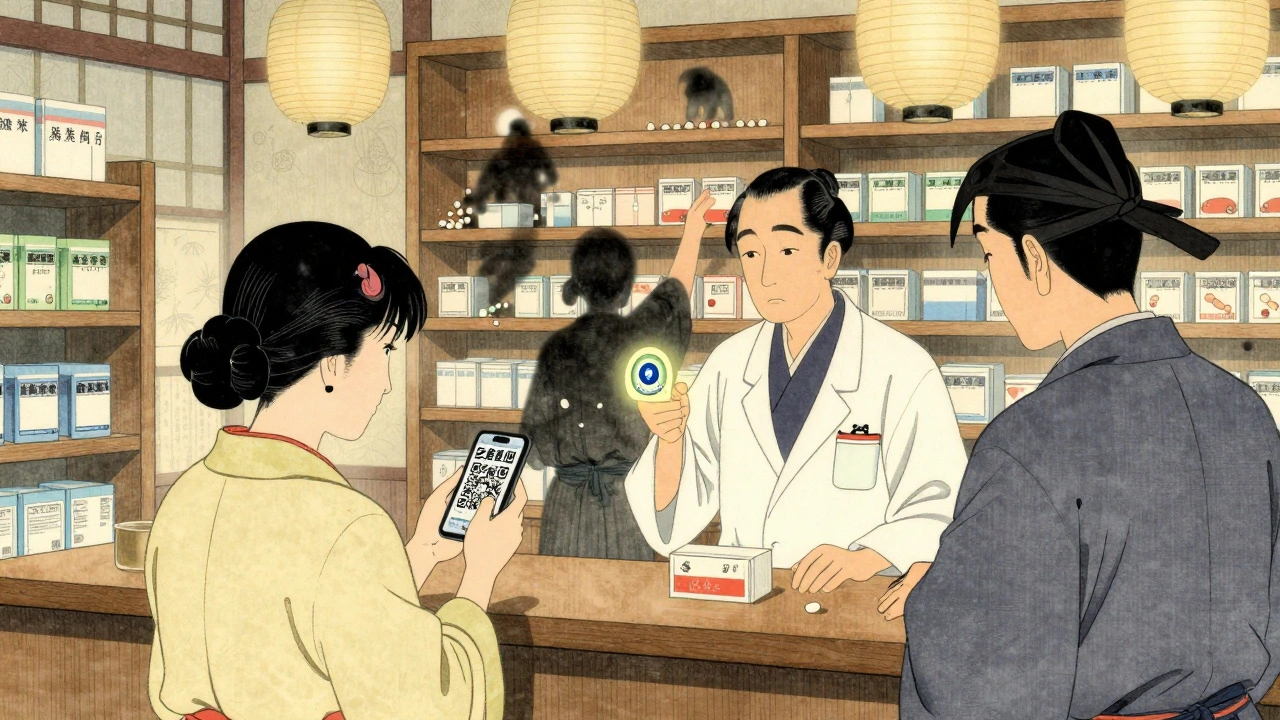 Customer scanning a medicine QR code in a traditional pharmacy as a pharmacist guides them, counterfeit pills fading in shadows.