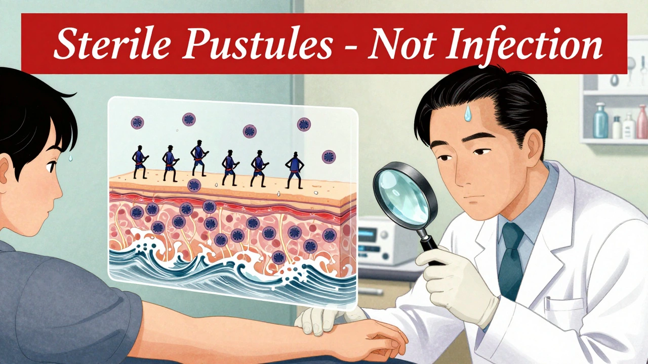 Dermatologist examining skin under magnifying glass with microscopic neutrophils floating as ink-wash waves.