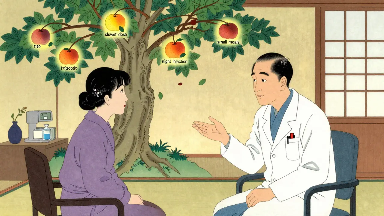 Doctor and patient discussing GLP-1 side effect management under a tree with medicinal fruit.