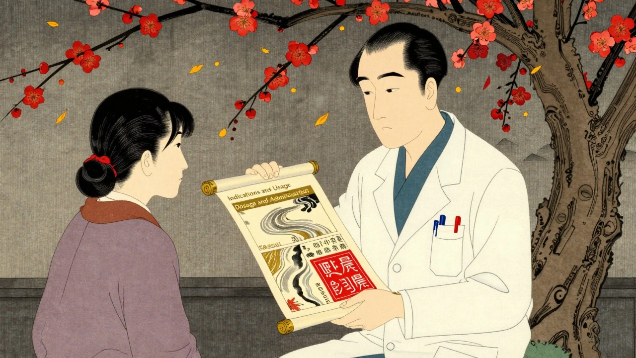 Doctor and patient reviewing a scroll-like prescription under a blooming plum tree.