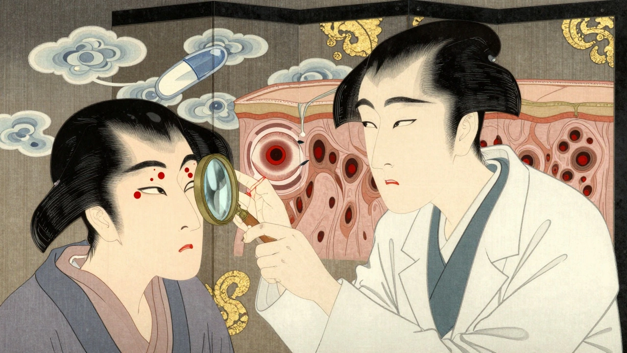 Doctor examining eye blisters amid swirling drug molecules, rendered in traditional Japanese woodblock aesthetic.